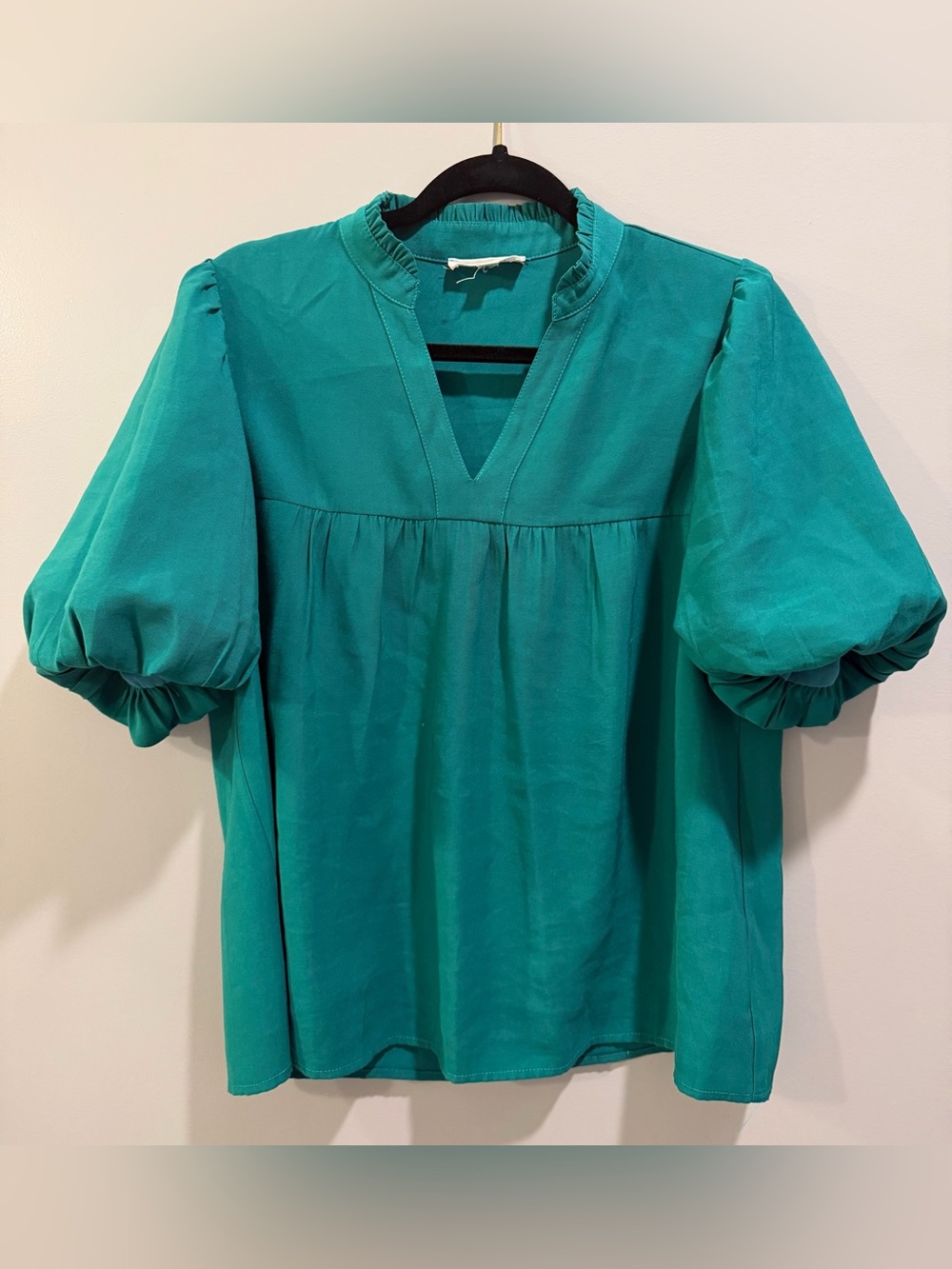 THML Puff Sleeve V-Neck Ruffle Collar Blouse Teal Green Size M
